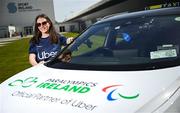 30 April 2025; Paralympics Ireland and Uber have announced a new partnership to help provide direct financial assistance and access to Uber services for members of the Paralympics Ireland team. This comprehensive support package is designed to ensure that the athletes have access to transport to assist them to focus on their training and performance. The partnership was launched today at the Sport Ireland Campus in Dublin with the help of Minister of State with responsibility for Disability Hildegarde Naughton. Pictured at the launch on the Sport Ireland Campus is Paralympian Róisín Ní Riain. Photo by Seb Daly/Sportsfile
