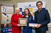 30 April 2025; National TY Short Story Competition runner up Kate Loughry, from Mount Mercy College, Cork, is presented with her prize by Judging Chairperson Mary Hanafin and School Print Resources managing director Niall Morrissey at the National TY Short Story Competition Awards at Buswells Hotel in Dublin. Photo by Brendan Moran/Sportsfile