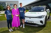 30 April 2025; Paralympics Ireland and Uber have announced a new partnership to help provide direct financial assistance and access to Uber services for members of the Paralympics Ireland team. This comprehensive support package is designed to ensure that the athletes have access to transport to assist them to focus on their training and performance. The partnership was launched today at the Sport Ireland Campus in Dublin with the help of Minister of State with responsibility for Disability Hildegarde Naughton. Pictured at the launch on the Sport Ireland Campus are Minister of State with responsibility for Disability Hildegarde Naughton, centre, with Paralympians Róisín Ní Riain, left, and Tiarnán O’Donnell. Photo by Seb Daly/Sportsfile