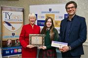 30 April 2025; National TY Short Story Competition shortlisted student Alex Clarges, from Colasite Chillian, Bóthar Nangor in Cluain Dolcáin, Baile Átha Cliath, is presented with her prize by Judging Chairperson Mary Hanafin and School Print Resources managing director Niall Morrissey at the National TY Short Story Competition Awards at Buswells Hotel in Dublin. Photo by Brendan Moran/Sportsfile
