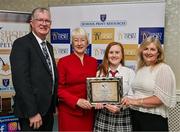 30 April 2025; National TY Short Story Competition winner Tara Yeomans, from Hazelwood College in Dromcollogher, Limerick, with her mother Sandra White, right, School Principal Brendan Burke and Judging Chairperson Mary Hanafin at the National TY Short Story Competition Awards at Buswells Hotel in Dublin. Photo by Brendan Moran/Sportsfile