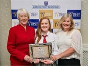 30 April 2025; National TY Short Story Competition winner Tara Yeomans, from Hazelwood College in Dromcollogher, Limerick, with her mother Sandra White, right, and Judging Chairperson Mary Hanafin at the National TY Short Story Competition Awards at Buswells Hotel in Dublin. Photo by Brendan Moran/Sportsfile