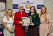 30 April 2025; National TY Short Story Competition shortlisted student Alex Clarges, from Colasite Chillian, Bóthar Nangor in Cluain Dolcáin, Baile Átha Cliath, with her mother Catherine O'Connell, right, Judging Chairperson Mary Hanafin and Muinteoir Shauna at the National TY Short Story Competition Awards at Buswells Hotel in Dublin. Photo by Brendan Moran/Sportsfile