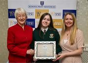 30 April 2025; National TY Short Story Competition shortlisted student Alex Clarges, from Colasite Chillian, Bóthar Nangor in Cluain Dolcáin, Baile Átha Cliath, with her mother Catherine O'Connell, right, and Judging Chairperson Mary Hanafin at the National TY Short Story Competition Awards at Buswells Hotel in Dublin. Photo by Brendan Moran/Sportsfile