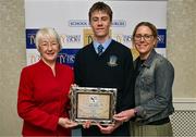 30 April 2025; National TY Short Story Competition shortlisted student Harry Valentine, from Old Bawn Community School in Tallaght, Dublin, with his mother Niamh Valentine, right, and Judging Chairperson Mary Hanafin at the National TY Short Story Competition Awards at Buswells Hotel in Dublin. Photo by Brendan Moran/Sportsfile