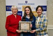 30 April 2025; National TY Short Story Competition runner up Kate Loughry, from Mount Mercy College, Cork, with her mother Claire Loughrey, right, and Judging Chairperson Mary Hanafin at the National TY Short Story Competition Awards at Buswells Hotel in Dublin. Photo by Brendan Moran/Sportsfile