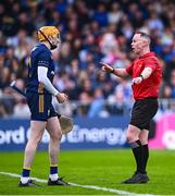 27 April 2025; Referee Chris Mooney speaking to Clare goalkeeper Eibhear Quilligan during the Munster GAA Hurling Senior Championship Round 2 match between Waterford and Clare at Walsh Park in Waterford. Photo by Piaras Ó Mídheach/Sportsfile