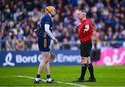 27 April 2025; Referee Chris Mooney speaking to Clare goalkeeper Eibhear Quilligan during the Munster GAA Hurling Senior Championship Round 2 match between Waterford and Clare at Walsh Park in Waterford. Photo by Piaras Ó Mídheach/Sportsfile