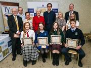 30 April 2025; National TY Short Story Competition winners, fromt from left, Tara Yeomans, from Hazelwood College in Dromcollogher, Limerick, Kate Loughry, from Mount Mercy College, Cork, Alex Clarges, from Colasite Chillian, Bóthar Nangor in Cluain Dolcáin, Baile Átha Cliath and Harry Valentine, from Old Bawn Community School in Tallaght, Dublin with back, from left, Judge Seamus Mulconry, Old Bawn Community School teacher Tim Ryan, judge Regina Butler, Judging Chairperson Mary Hanafin, School Print Resources managing director Niall Morrissey, Mount Mercy College TY Programme Co-ordinator Mary Mulcahy O'Sullivan, Hazelwood College principal Brendan Burke and Colasite Chillian Muinteoir Shauna at the National TY Short Story Competition Awards at Buswells Hotel in Dublin. Photo by Brendan Moran/Sportsfile