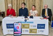 30 April 2025; School Print Resources managing director Niall Morrissey, with judges Mary Hanafin, Regina Butler and Seamus Mulcrony speaking at the National TY Short Story Competition Awards at Buswells Hotel in Dublin. Photo by Brendan Moran/Sportsfile