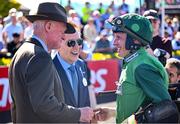 30 April 2025; Trainer Willie Mullins, left, owner Isaac Souede, centre, and jockey Paul Townend after winning the Channor Real Estate Group Novice Hurdle with Jasmin De Vaux on day two of the Punchestown Festival at Punchestown Racecourse in Kildare. Photo by David Fitzgerald/Sportsfile