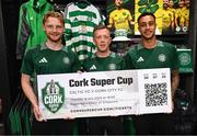 30 April 2025; Celtic FC players, from left, Liam Scales, Callum McGregor and Adam Idah during the Cork Super Cup Dublin Media Launch at JD Sports in Jervis Street Shopping Centre, Dublin. For tickets and information visit - corksupercup.com/tickets Photo by Stephen McCarthy/Sportsfile