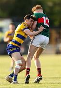 30 April 2025; Darragh Bernie of Mayo in action against Conor Kelly of Roscommon during the Dalata Hotel Group Connacht GAA Football U20 Championship final match between Mayo and Roscommon at Tuam Stadium in Galway. Photo by Thomas Flinkow/Sportsfile