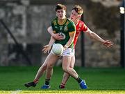 30 April 2025; Liam Jennings of Meath in action against Conor McGinty of Louth during the Dalata Hotel Group Leinster GAA Football U20 Championship final match between Meath and Louth at Cedral St Conleth’s Park in Newbridge, Kildare. Photo by Seb Daly/Sportsfile