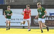 30 April 2025; Adam Gillespie of Louth celebrates after scoring his side's first goal during the Dalata Hotel Group Leinster GAA Football U20 Championship final match between Meath and Louth at Cedral St Conleth’s Park in Newbridge, Kildare. Photo by Seb Daly/Sportsfile