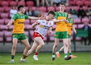 30 April 2025; Ruairí McCullagh of Tyrone celebrates scoring a point during the Dalata Hotel Group Ulster GAA Football U20 Championship final match between Donegal and Tyrone at Owenbeg Derry GAA Centre in Dungiven, Derry. Photo by Piaras Ó Mídheach/Sportsfile