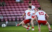 30 April 2025; Joey Clarke of Tyrone, 6, shoots to score his side's first goal during the Dalata Hotel Group Ulster GAA Football U20 Championship final match between Donegal and Tyrone at Owenbeg Derry GAA Centre in Dungiven, Derry. Photo by Piaras Ó Mídheach/Sportsfile