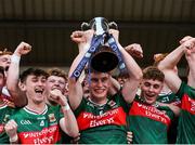 30 April 2025; Mayo captain John MacMonagle lifts the cup after his side's victory in the Dalata Hotel Group Connacht GAA Football U20 Championship final match between Mayo and Roscommon at Tuam Stadium in Galway. Photo by Thomas Flinkow/Sportsfile