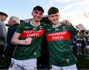 30 April 2025; Mayo players Yousif Coghill, left, and Oisin Cronin celebrate after their side's victory in the Dalata Hotel Group Connacht GAA Football U20 Championship final match between Mayo and Roscommon at Tuam Stadium in Galway. Photo by Thomas Flinkow/Sportsfile