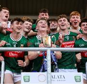 30 April 2025; Mayo captain John MacMonagle lifts the cup after his side's victory in the Dalata Hotel Group Connacht GAA Football U20 Championship final match between Mayo and Roscommon at Tuam Stadium in Galway. Photo by Thomas Flinkow/Sportsfile