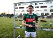 30 April 2025; Hugh O’Loughlin of Mayo with his Player of the Match award after his side's victory in the Dalata Hotel Group Connacht GAA Football U20 Championship final match between Mayo and Roscommon at Tuam Stadium in Galway. Photo by Thomas Flinkow/Sportsfile