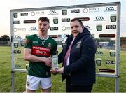 30 April 2025; Andrew Hogan, General Manager, Dalata Hotel Group, presents the Difference Maker award to Hugh O’Loughlin of Mayo the Dalata Hotel Group Connacht GAA Football U20 Championship final match between Mayo and Roscommon at Tuam Stadium in Galway. Photo by Thomas Flinkow/Sportsfile
