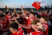 30 April 2025; Louth players celebrate after their side's victory in the Dalata Hotel Group Leinster GAA Football U20 Championship final match between Meath and Louth at Cedral St Conleth’s Park in Newbridge, Kildare. Photo by Seb Daly/Sportsfile