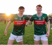 30 April 2025; Mayo players Eoin McGreal, left, and Darragh Bernie celebrate after their side's victory in the Dalata Hotel Group Connacht GAA Football U20 Championship final match between Mayo and Roscommon at Tuam Stadium in Galway. Photo by Thomas Flinkow/Sportsfile