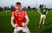 30 April 2025; Cormac McKeown of Louth celebrates after his side's victory in the Dalata Hotel Group Leinster GAA Football U20 Championship final match between Meath and Louth at Cedral St Conleth’s Park in Newbridge, Kildare. Photo by Seb Daly/Sportsfile