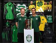 30 April 2025; Celtic FC's Liam Scales and Adam Idah, right, during the Cork Super Cup Dublin Media Launch at JD Sports in Jervis Street Shopping Centre, Dublin. For tickets and information visit - corksupercup.com/tickets Photo by Stephen McCarthy/Sportsfile