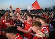30 April 2025; Louth players celebrate after their side's victory in the Dalata Hotel Group Leinster GAA Football U20 Championship final match between Meath and Louth at Cedral St Conleth’s Park in Newbridge, Kildare. Photo by Seb Daly/Sportsfile