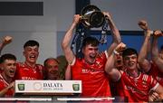 30 April 2025; Louth captain Sean Callaghan lifts the trophy after his side's victory in the Dalata Hotel Group Leinster GAA Football U20 Championship final match between Meath and Louth at Cedral St Conleth’s Park in Newbridge, Kildare. Photo by Seb Daly/Sportsfile