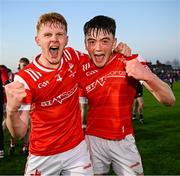 30 April 2025; Louth players Padric Tinnelly, left, and Michéal Reid celebrate after their side's victory in the Dalata Hotel Group Leinster GAA Football U20 Championship final match between Meath and Louth at Cedral St Conleth’s Park in Newbridge, Kildare. Photo by Seb Daly/Sportsfile