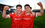 30 April 2025; Louth players Ryan Kelly, left, and Shane Lennon celebrate after their side's victory in the Dalata Hotel Group Leinster GAA Football U20 Championship final match between Meath and Louth at Cedral St Conleth’s Park in Newbridge, Kildare. Photo by Seb Daly/Sportsfile
