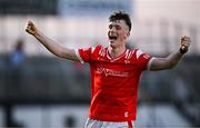 30 April 2025; James Maguire of Louth celebrates at the final whistle after his side's victory in the Dalata Hotel Group Leinster GAA Football U20 Championship final match between Meath and Louth at Cedral St Conleth’s Park in Newbridge, Kildare. Photo by Seb Daly/Sportsfile