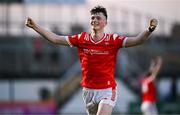 30 April 2025; James Maguire of Louth celebrates at the final whistle after his side's victory in the Dalata Hotel Group Leinster GAA Football U20 Championship final match between Meath and Louth at Cedral St Conleth’s Park in Newbridge, Kildare. Photo by Seb Daly/Sportsfile