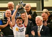 30 April 2025; Tyrone captain Joey Clarke lifts the cup after his side's victory in the Dalata Hotel Group Ulster GAA Football U20 Championship final match between Donegal and Tyrone at Owenbeg Derry GAA Centre in Dungiven, Derry. Photo by Piaras Ó Mídheach/Sportsfile
