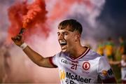30 April 2025; Fiachra Nelis of Tyrone celebrates after his side's victory in the Dalata Hotel Group Ulster GAA Football U20 Championship final match between Donegal and Tyrone at Owenbeg Derry GAA Centre in Dungiven, Derry. Photo by Piaras Ó Mídheach/Sportsfile