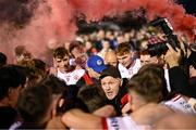 30 April 2025; Tyrone manager Paul Devlin speaks to his players after victory in the Dalata Hotel Group Ulster GAA Football U20 Championship final match between Donegal and Tyrone at Owenbeg Derry GAA Centre in Dungiven, Derry. Photo by Piaras Ó Mídheach/Sportsfile