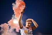 30 April 2025; Liam Óg Mossey of Tyrone celebrates after his side's victory in the Dalata Hotel Group Ulster GAA Football U20 Championship final match between Donegal and Tyrone at Owenbeg Derry GAA Centre in Dungiven, Derry. Photo by Piaras Ó Mídheach/Sportsfile