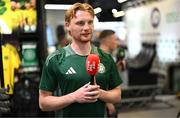 30 April 2025; Celtic FC's Liam Scales is interviewed by Off The Ball during the Cork Super Cup Dublin Media Launch at JD Sports in Jervis Street Shopping Centre, Dublin. For tickets and information visit - corksupercup.com/tickets Photo by Stephen McCarthy/Sportsfile