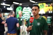 30 April 2025; Celtic FC's Adam Idah is interviewed by Off The Ball during the Cork Super Cup Dublin Media Launch at JD Sports in Jervis Street Shopping Centre, Dublin. For tickets and information visit - corksupercup.com/tickets Photo by Stephen McCarthy/Sportsfile