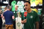 30 April 2025; Celtic FC's Adam Idah is interviewed by Off The Ball during the Cork Super Cup Dublin Media Launch at JD Sports in Jervis Street Shopping Centre, Dublin. For tickets and information visit - corksupercup.com/tickets Photo by Stephen McCarthy/Sportsfile