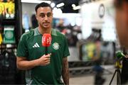 30 April 2025; Celtic FC's Adam Idah is interviewed by Off The Ball during the Cork Super Cup Dublin Media Launch at JD Sports in Jervis Street Shopping Centre, Dublin. For tickets and information visit - corksupercup.com/tickets Photo by Stephen McCarthy/Sportsfile