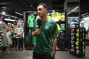 30 April 2025; Celtic FC's Adam Idah is interviewed by talkSPORT during the Cork Super Cup Dublin Media Launch at JD Sports in Jervis Street Shopping Centre, Dublin. For tickets and information visit - corksupercup.com/tickets Photo by Stephen McCarthy/Sportsfile