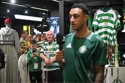30 April 2025; Celtic FC's supporters watch on as Adam Idah is interviewed by talkSPORT during the Cork Super Cup Dublin Media Launch at JD Sports in Jervis Street Shopping Centre, Dublin. For tickets and information visit - corksupercup.com/tickets Photo by Stephen McCarthy/Sportsfile