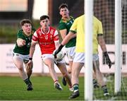 30 April 2025; Pearse Grimes-Murphy of Louth in action against Sam Jordan of Meath, left, during the Dalata Hotel Group Leinster GAA Football U20 Championship final match between Meath and Louth at Cedral St Conleth’s Park in Newbridge, Kildare. Photo by Seb Daly/Sportsfile