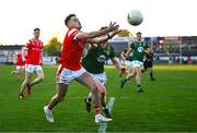 30 April 2025; Adam Gillespie of Louth in action against Ciarán O’Hare of Meath during the Dalata Hotel Group Leinster GAA Football U20 Championship final match between Meath and Louth at Cedral St Conleth’s Park in Newbridge, Kildare. Photo by Seb Daly/Sportsfile