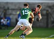 30 April 2025; Louth goalkeeper Tiarnan Markey in action against Liam Jennings of Meath during the Dalata Hotel Group Leinster GAA Football U20 Championship final match between Meath and Louth at Cedral St Conleth’s Park in Newbridge, Kildare. Photo by Seb Daly/Sportsfile
