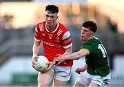 30 April 2025; James Maguire of Louth in action against Rian Stafford of Meath during the Dalata Hotel Group Leinster GAA Football U20 Championship final match between Meath and Louth at Cedral St Conleth’s Park in Newbridge, Kildare. Photo by Seb Daly/Sportsfile